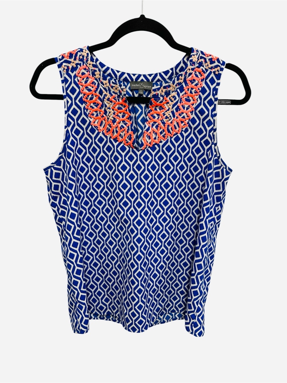 Market & Spruce blue white coral ikat pattern sleeveless top embroidered Size S